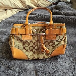 Coach Hampton Signature Canvas Satchel with Tan Leather Trim